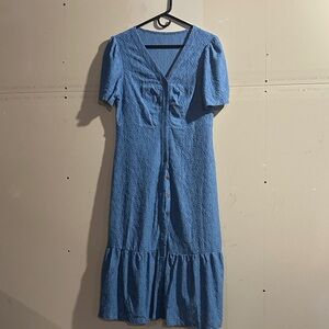 SHEIN Blue Puff Sleeve V-Neck Midi Sundress